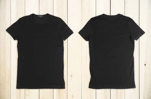 Vyčistěte Černou Trička Přední Zadní Dřevěné Pozadí Reklamní Módní Pojem — Stock fotografie