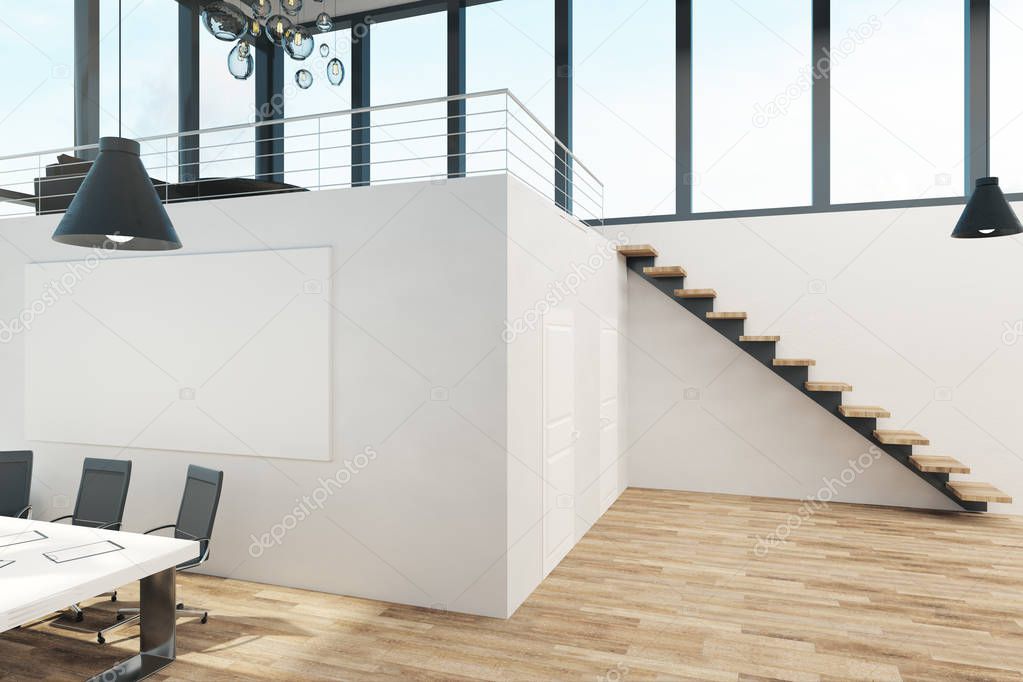 Clean two story office interior with panoramic window view, furniture and daylight. 3D Rendering 