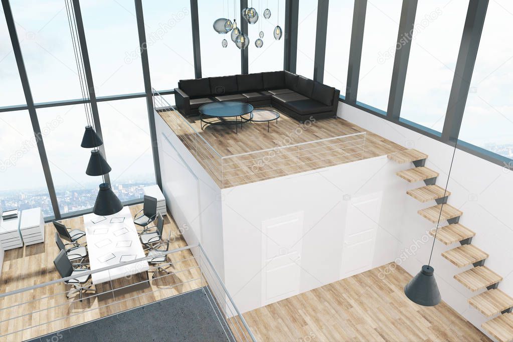 New two story office interior with panoramic window view, furniture and daylight. 3D Rendering 