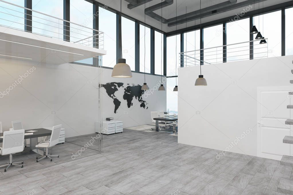 Clean spacious two storey concrete white office interior with panoramic city view and daylight. 3D Rendering 