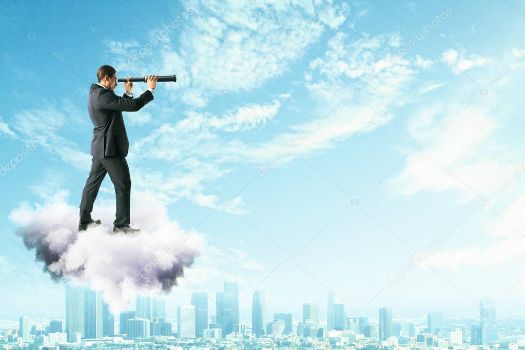 Side view of young businessman on cloud using telescope to look into the distance on bright blue sky background. Vision and opportunity concept 