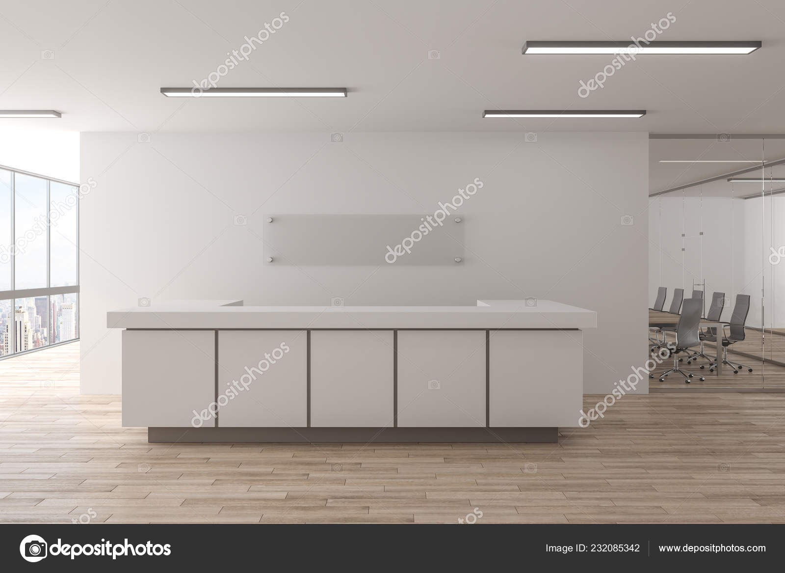 Modern Office Lobby Reception Desk Rendering — Stock Photo © peshkov