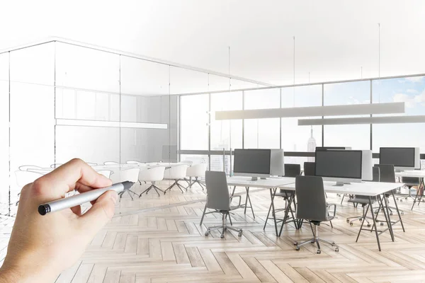 Hand drawing modern meeting room sketch. Engineering and architecture concept. 3D Rendering