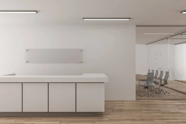 Clean office lobby with reception desk. 3D Rendering