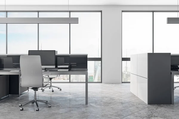 Hedendaagse Naaiatelier Office Roomservice Interieur Met Panoramisch Stadszicht Daglicht Apparatuur — Stockfoto