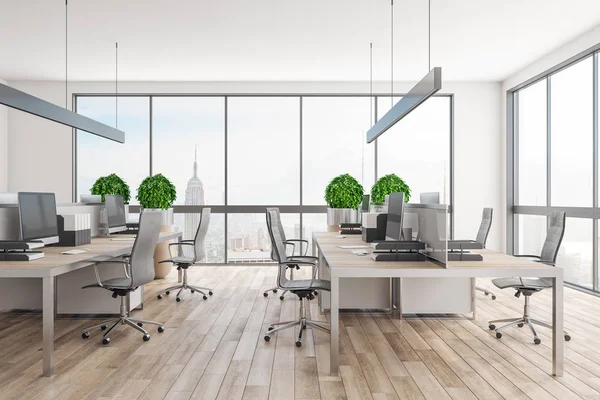 Clean Coworking Office Interieur Mit Blick Auf Die Stadt Tageslicht — Stockfoto