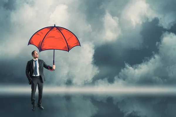 Young Businessman Holding Drawn Red Umbrella Cloudy Sky Background Protection — Stock Photo, Image