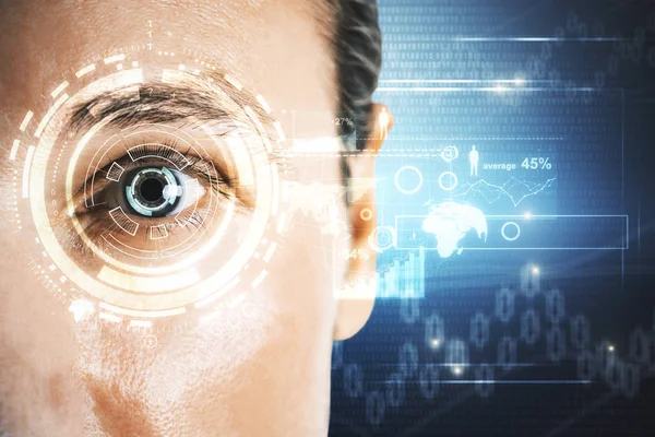 Jovem Empresária Com Interface Acesso Facial Conceito Biometria Dupla Exposição — Fotografia de Stock