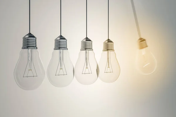 Low of light bulbs on light background. Idea and solution concept. 3D Rendering