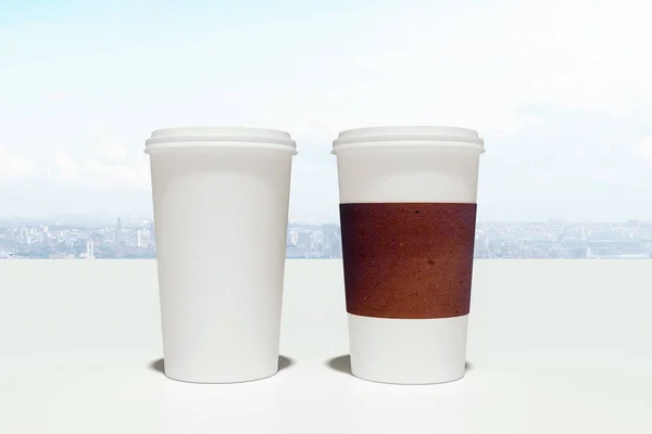 Take away coffee cup on white city and sky background. Hot beverage concept. 3D Rendering