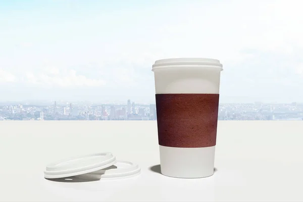 Take away coffee cup on white city and sky background. Hot drink concept. 3D Rendering