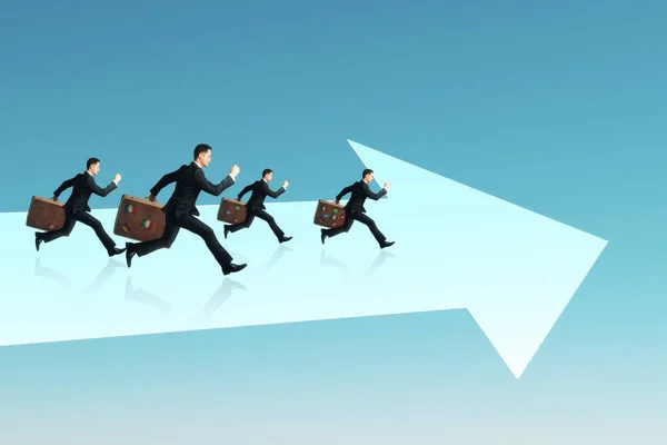 Businessmen with briefcases running on abstract white arrow. Blue background. Growth and teamwork concept