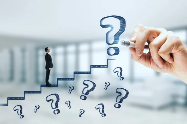 Businessman climbing abstract stairs sketch with question marks on blurry background. Career promotion and doubt concept