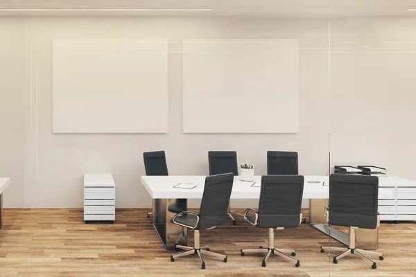 Contemporary white meeting room with empty poster on wall. Mock up, 3D Rendering