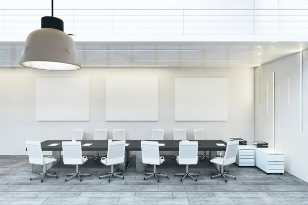 Modern white boarding room with empty poster on wall. Mock up, 3D Rendering