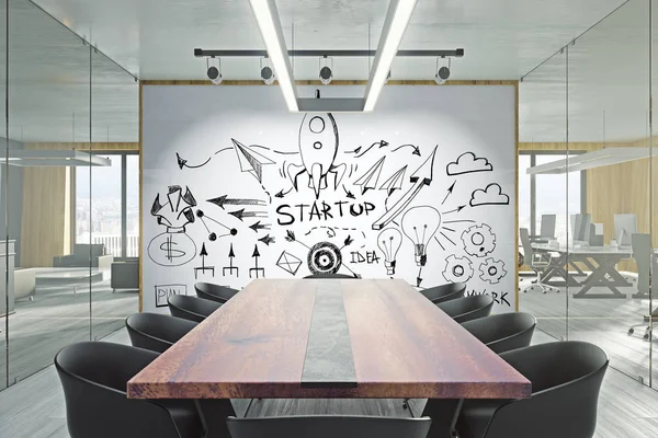Modern meeting room with business sketch on whiteboard. Startup and finance concept. 3D Rendering