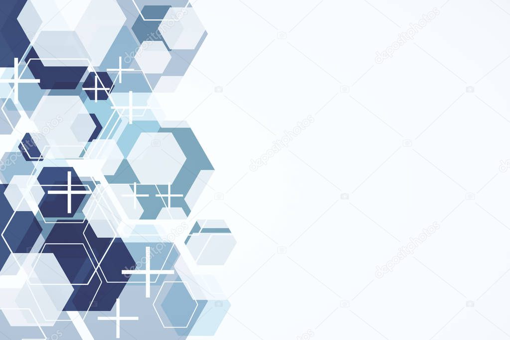 Creative hexagonal background with crosses and white copy space. Medicine and web page concept. 3D Rendering 