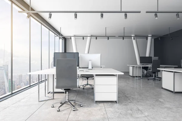 Beton Coworking Büroinnenraum Mit New Yorker Stadtblick Und Tageslicht Darstellung — Stockfoto