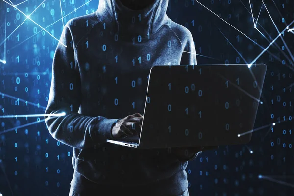 Jovem Hacker Usando Laptop Fundo Código Binário Abstrato Hacking Conceito — Fotografia de Stock
