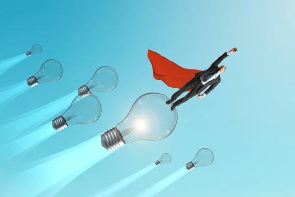 Young Superhero Businessman Cap Flying Lamps Blue Sky Background Leadership — Stock Photo, Image