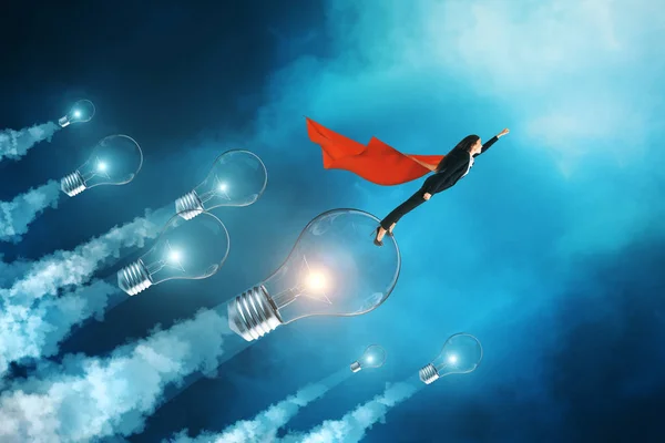 Young Superhero Businesswoman Cap Flying Lamps Blue Sky Background Leadership — Stock Photo, Image