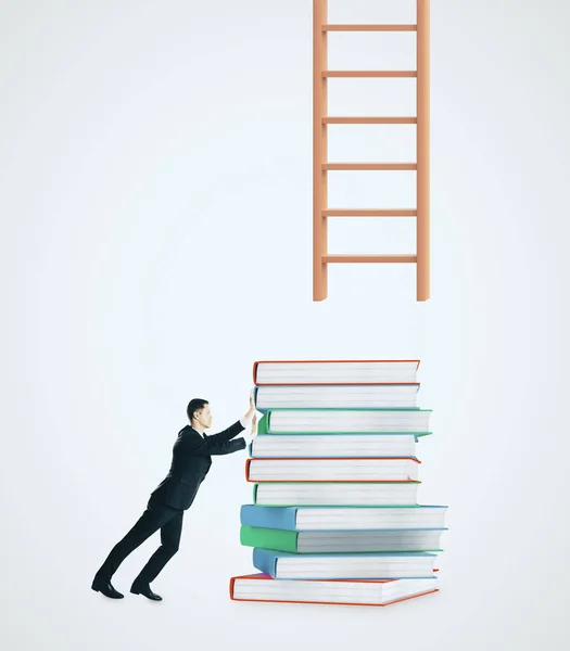 Businessman Piled Books Trying Reach Ladder White Background Growth Education — Stock Photo, Image