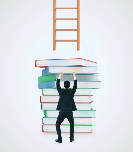 Businessman Piled Books Trying Reach Ladder White Background Growth Education — Stock Photo, Image