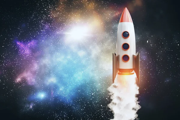 Rakete Auf Bunten Nachthimmel Weltraum Hintergrund Start Und Kreativitätskonzept Darstellung — Stockfoto