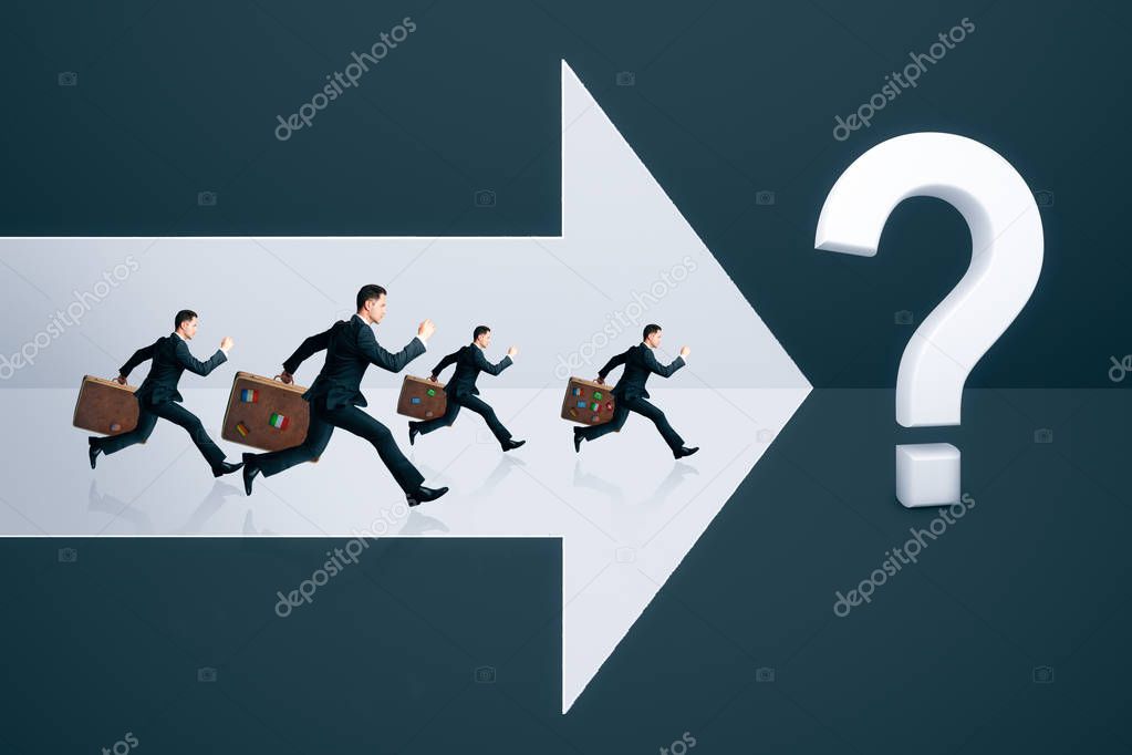 Businessmen running on abstract arrows towards question mark. Teamwork and ask concept 