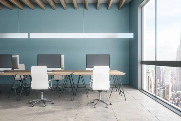 Coworking Office Interiør Med New Yorks Utsikt Arbeidssted Designkonsept Gjengivelse – stockfoto