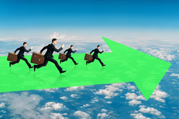Businessmen Briefcases Running Abstract Green Arrow Cloudy Sky Background Growth — Stock Photo, Image