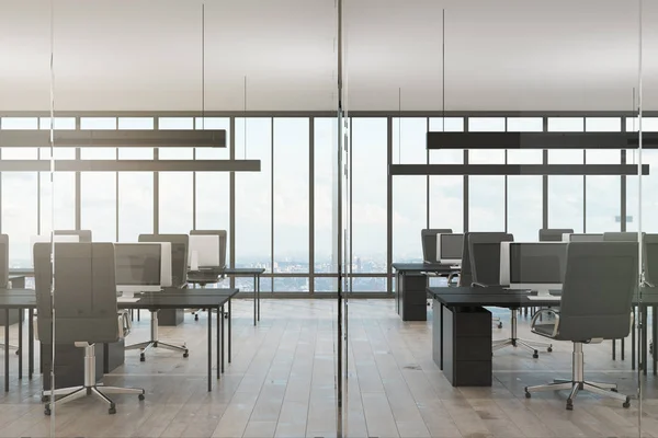 Minimalistisches Coworking Office Interieur Mit Panoramischem Blick Auf Die Stadt — Stockfoto