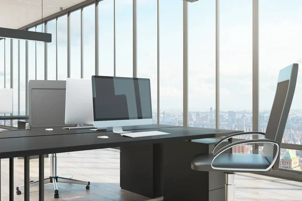 Office interior with empty computer and panoramic city view. 3D Rendering