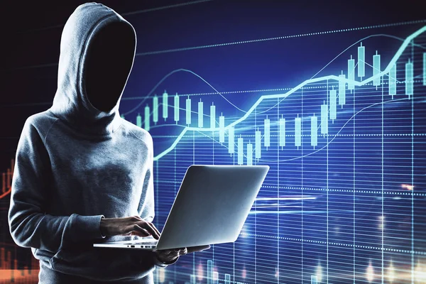Young hacker using laptop with digital forex chart. Finance and crime concept. Double exposure