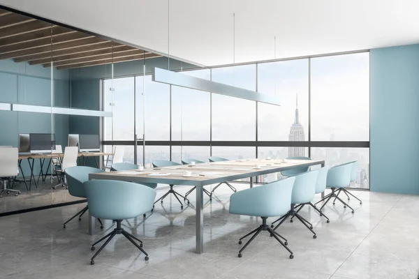 きれいなオフィスは ニューヨーク市を望む室内を満たします 職場とデザイン コンセプトです レンダリング — ストック写真