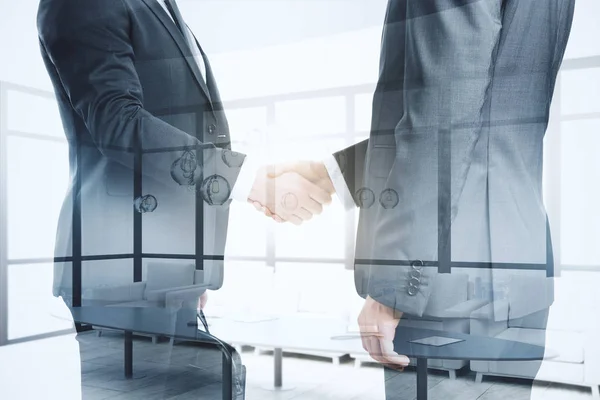 Side View Young Businessmen Shaking Hands Blurry Office Interior Background — Stock Photo, Image