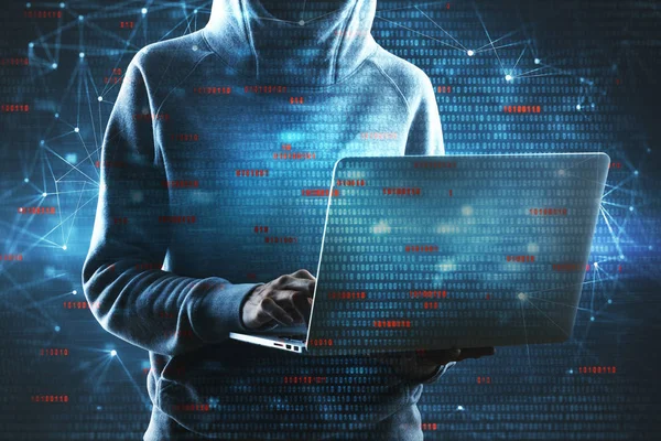 Молодой Хакер Использует Ноутбук Цифровым Интерфейсом Двоичного Кода Концепция Взлома — стоковое фото