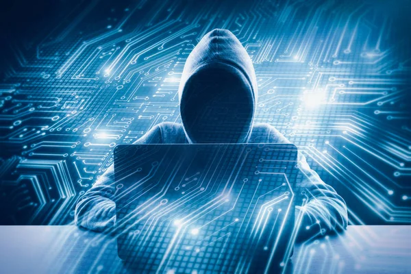 Hacker Met Behulp Van Laptop Met Circuit Computing Malware Concept — Stockfoto