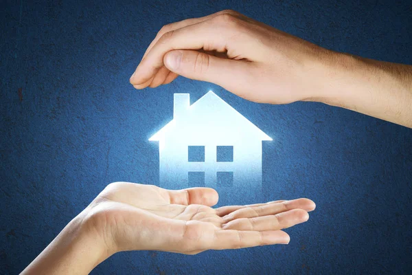 Hands Holding Digital House Icon Blue Background Mortgage Smart Home — 图库照片