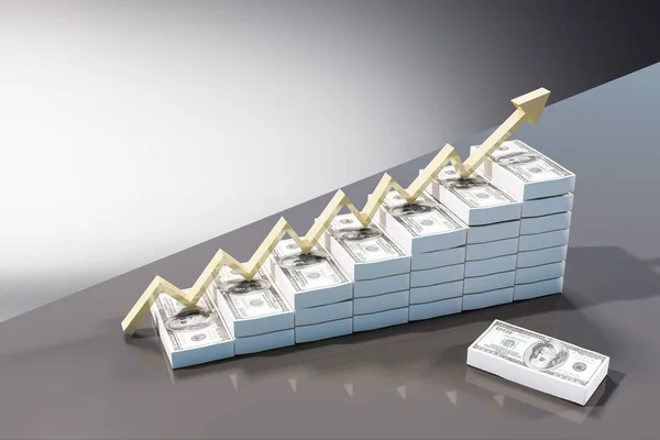Abstract dollar ladder with arrow. Financial growth and pay concept. 3D Rendering