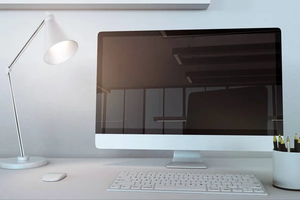 Modern Ofis Boş Bilgisayar Ekranı Alay Etmek Yukarıya Render — Stok fotoğraf