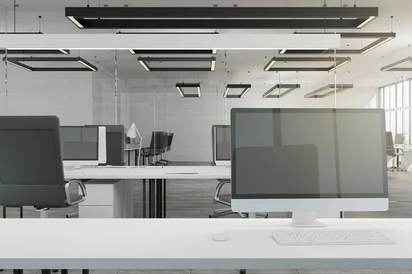 Clean computer screen in modern office interior. Mock up, 3D Rendering