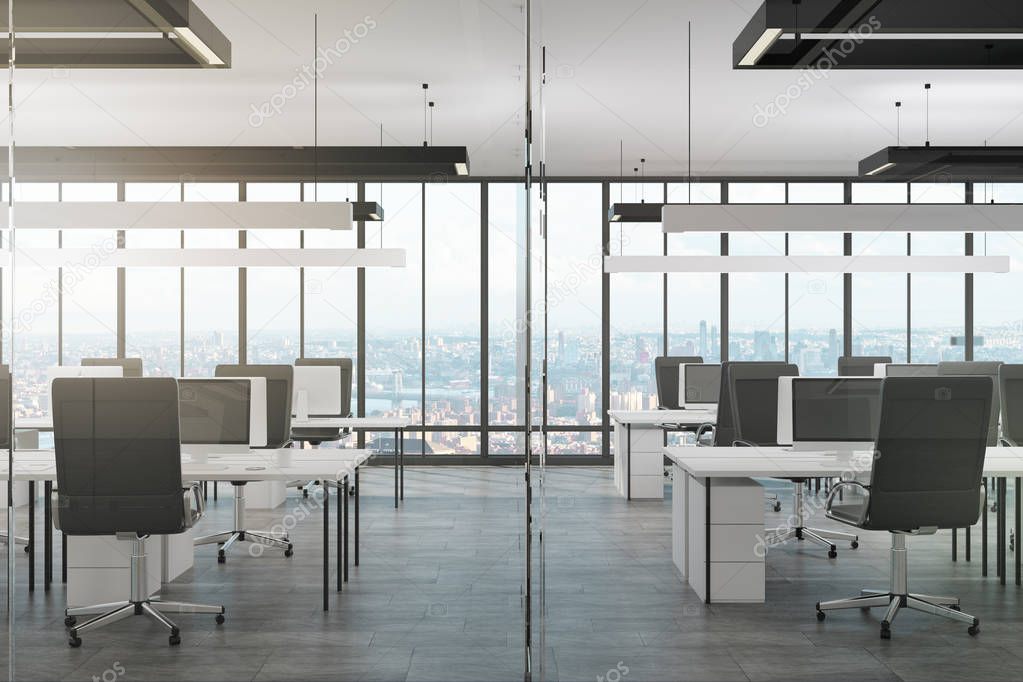 Minimalistic office interior with panoramic city view and daylight. 3D Rendering 