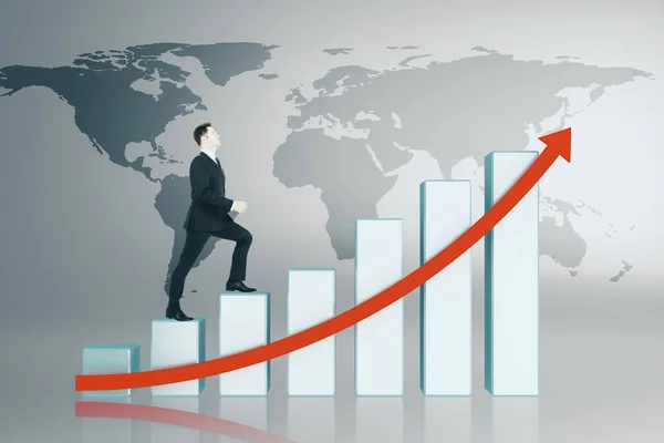 Biznesmen Wspinaczka Abstrakcja Biznes Cyfrowy Interfejs Chart Mapą Globalnego Biznesu — Zdjęcie stockowe