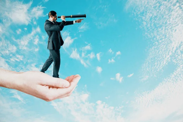 Vision Career Concept Hand Holding Businessman Telescope Sky Background Copy — Φωτογραφία Αρχείου