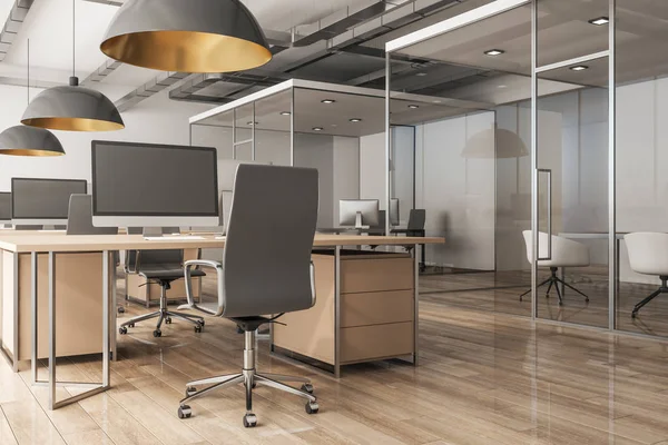 Saubere Büroeinrichtung Mit Arbeitsplatz Und Tageslicht Darstellung — Stockfoto