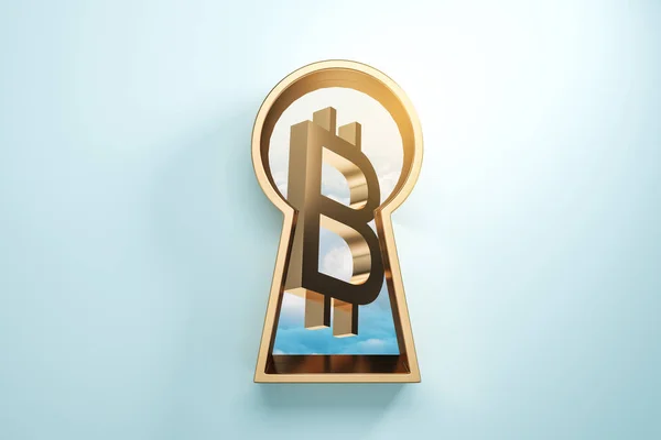 Mavi Zemin Üzerine Altın Bitcoin Işaretiyle Anahtar Deliği Cryptocurrency Kavramı — Stok fotoğraf