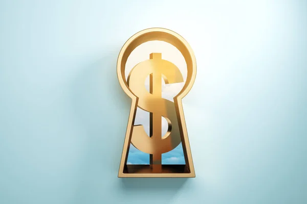 Nyckelhålet Med Gyllene Dollartecken Blå Bakgrund Pengar Koncept Rendering — Stockfoto