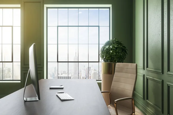 Interior Oficina Verde Contemporáneo Con Lugar Trabajo Vista Ciudad Luz — Foto de Stock