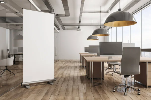 近代的なオフィス インテリア家具と壁に空いているバナー レンダリングを模擬 — ストック写真
